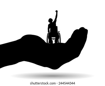 Vector silhouette of a man on palm on white background.
