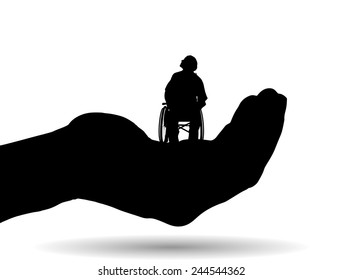 Vector silhouette of a man on palm on white background.