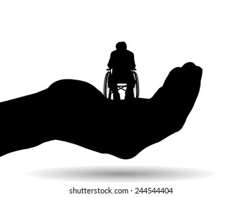 Vector silhouette of a man on palm on white background.