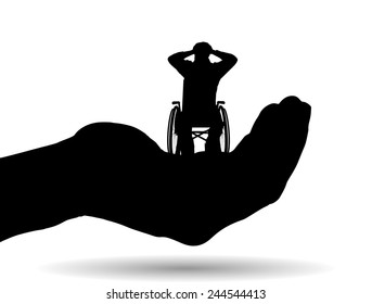 Silueta vectorial de un hombre sobre la palma de fondo blanco.