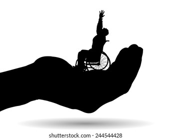 Silueta vectorial de un hombre sobre la palma de fondo blanco.