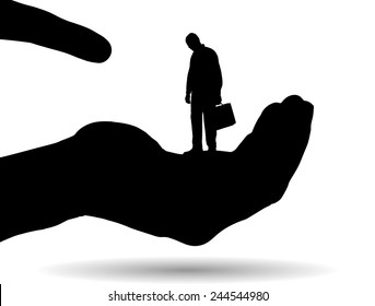 Vector silhouette of a man on palm on white background.