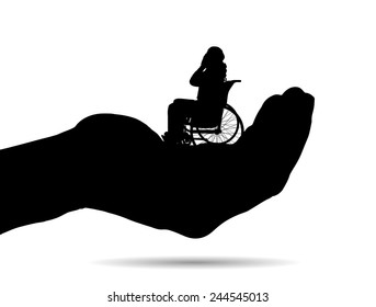 Vector silhouette of a man on palm on white background.