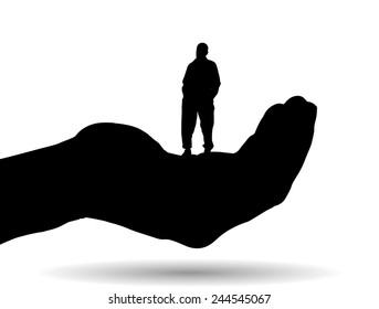 Vector silhouette of a man on palm on white background.
