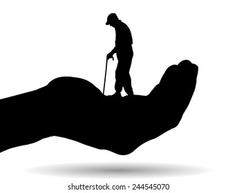 Vector silhouette of a man on palm on white background.