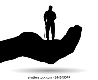 Vector silhouette of a man on palm on white background.
