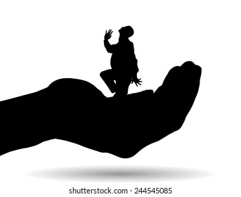 Vector silhouette of a man on palm on white background.