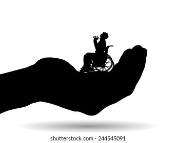 Vector silhouette of a man on palm on white background.