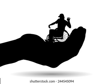 Vector silhouette of a man on palm on white background.