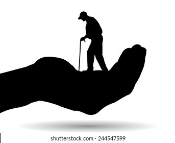 Vector silhouette of a man on palm on white background.