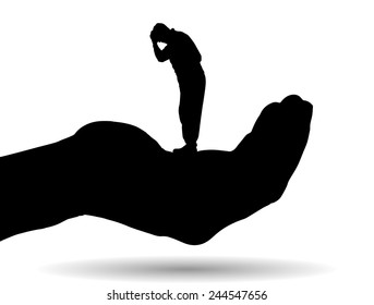 Vector silhouette of a man on palm on white background.