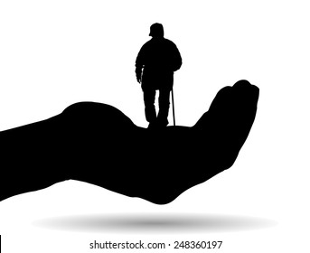 Vector silhouette of a man on palm on white background.