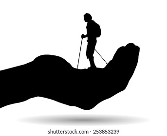 Vector silhouette of a man on palm on white background.