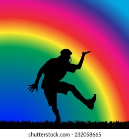 Vector silhouette of a man on rainbow background.
