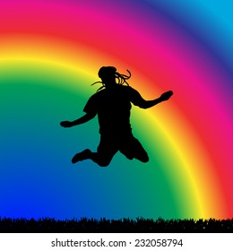 Vector silhouette of a man on rainbow background.