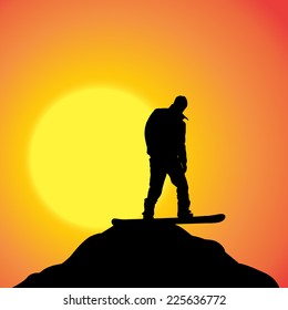Vector silhouette of a man on a snowboard at sunset.