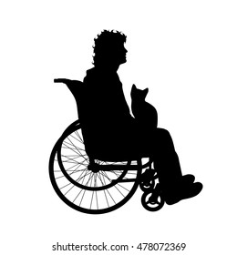 Vector silhouette of man on wheelchair on white background.
