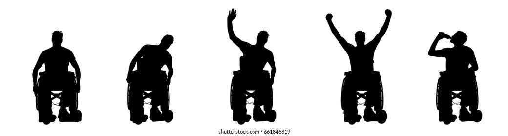 Vector silhouette of man on wheelchair on white background.