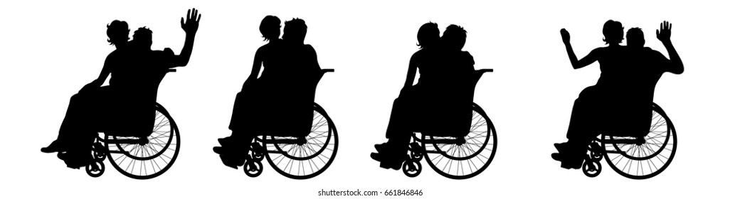 Vector silhouette of man on wheelchair on white background.