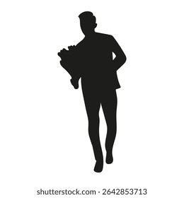 Silhueta vetorial de um homem sobre um fundo branco. Homem com flores. Um homem carrega um grande buquê de flores em um encontro. Ilustração de arte vetorial