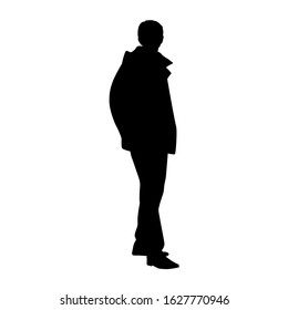 Vector silhouette of a man in outerwear standing, black color, isolated on a white background