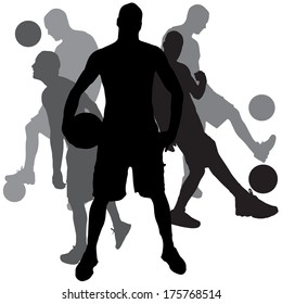 Vector silhouette of a man playing football on a white background.