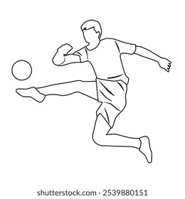 Vector silhouette of a man playing football, hand drawing, linear sketch, black and white color isolated on white background