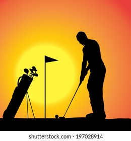 Vector silhouette of a man playing golf.