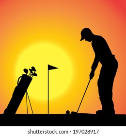 Vector silhouette of a man playing golf.