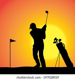 Vector silhouette of a man playing golf.