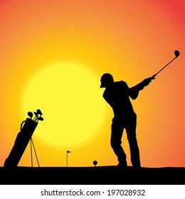 Vector silhouette of a man playing golf.
