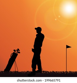Vector silhouette of a man playing golf.