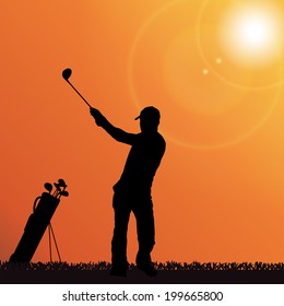 Vector silhouette of a man playing golf.