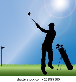 Vector silhouette of a man playing golf.