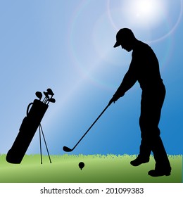 Vector silhouette of a man playing golf.