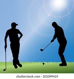 Vector silhouette of a man playing golf.