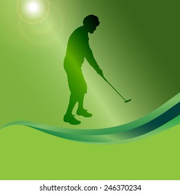 Vector silhouette of a man playing golf on a green background.