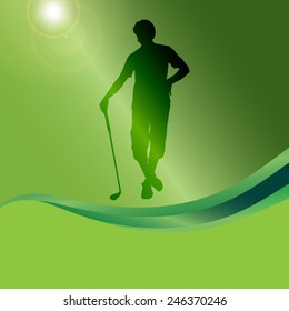 Vector silhouette of a man playing golf on a green background.
