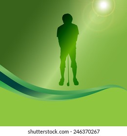 Vector silhouette of a man playing golf on a green background.