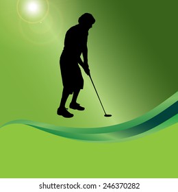 Vector silhouette of a man playing golf on a green background.