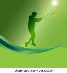 Vector silhouette of a man playing golf on a green background.
