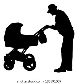 Vector silhouette of a man with a pram on a white background.