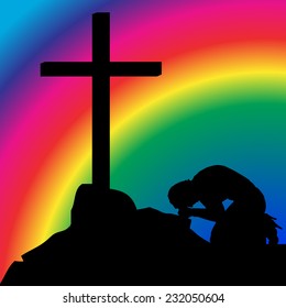 Vector silhouette of a man praying at the cross.