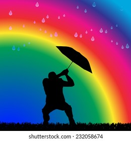 Vector silhouette of a man in the rain on a rainbow background.