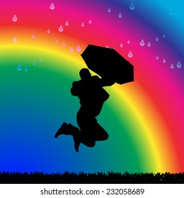 Vector silhouette of a man in the rain on a rainbow background.