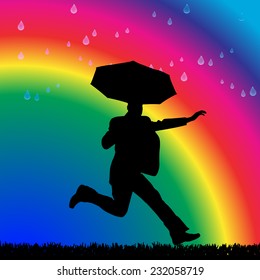 Vector silhouette of a man in the rain on a rainbow background.