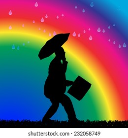 Vector silhouette of a man in the rain on a rainbow background.
