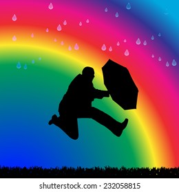 Vector silhouette of a man in the rain on a rainbow background.