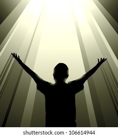 Vector silhouette of a man reaching up toward a column of light from above, possibly symbolizing salvation or some transcendent experience.