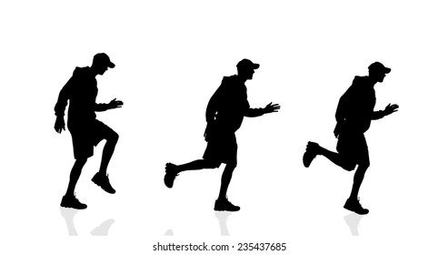 Vector silhouette of a man running on a white background.